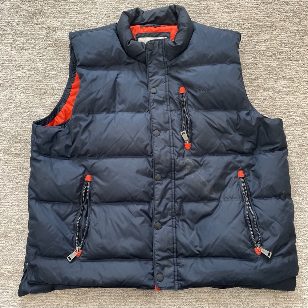 ORVIS Down Puffer Vest Men’s Blue Orange Duck Down Blend Full Zip Snap Button XL